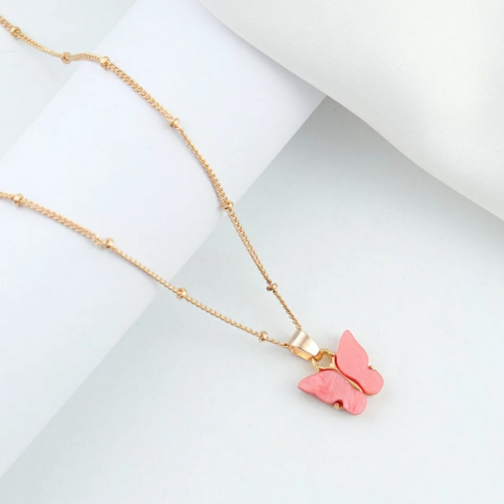 Pink Butterfly Necklace Gold Dainty - Picture 1 of 1